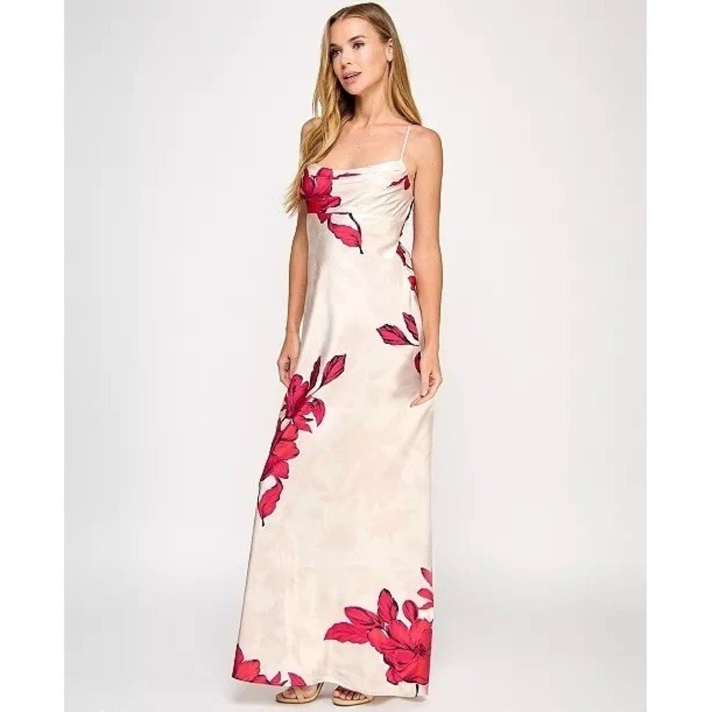 Seni & Cade Maxi Dress Womens Pink Red Floral Cowl Neck Tie Back XXS $99